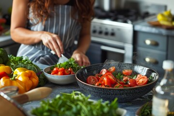 Obraz na płótnie Canvas Person prepping fresh vegetables in a modern kitchen.