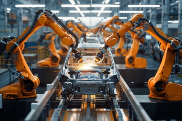 Robotic arms welding in an automated car manufacturing line.