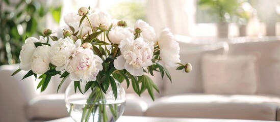 A simple arrangement of white flowers in a vase placed on a wooden table in a cozy living room setting