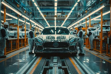 Workers inspecting a luxury car on an assembly line in a modern factory. - obrazy, fototapety, plakaty