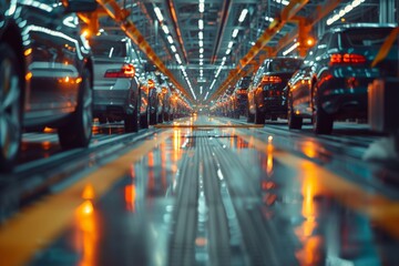 Production line with vehicles in a car manufacturing plant, showcasing industrial automation.