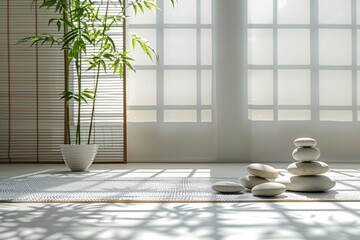 Serene room with plants, stones, and natural light casting shadows.
