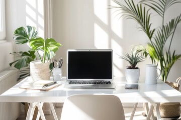 Modern home office setup with laptop, plants, and sunshine.