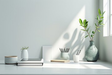 A tidy workspace with sunlight, books, a vase with greenery, and stationery. - obrazy, fototapety, plakaty