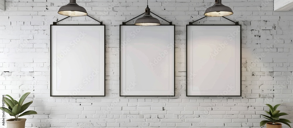 Poster three identical blank frames are hanging in a row on a weathered brick wall, accompanied by a small 