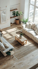 Fototapeta na wymiar Overhead view of a minimalist living room with neutral tones, scandinavian style interior
