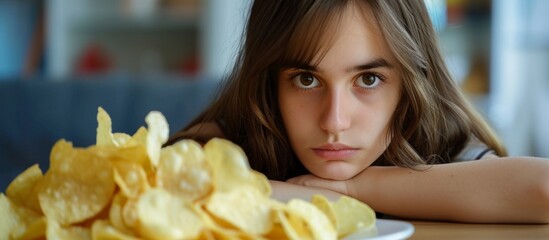 A woman is sitting at a dining table next to a plate filled with crispy potato chips - obrazy, fototapety, plakaty