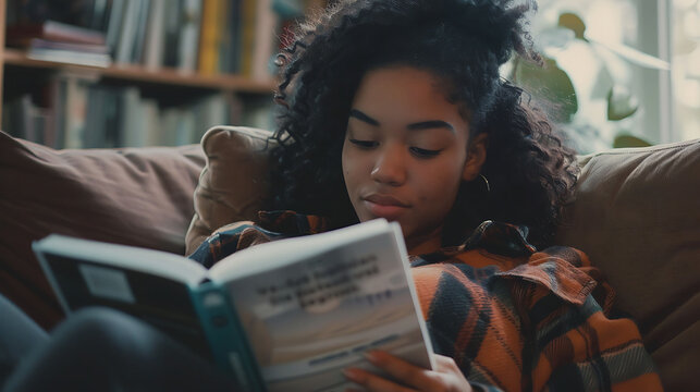 A young woman relaxes at home reading a book.