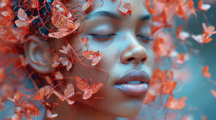 Conceptual image of a person's head made out of butterflies and flowers 