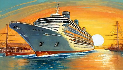 Luxury cruise ship leaving port at sunset