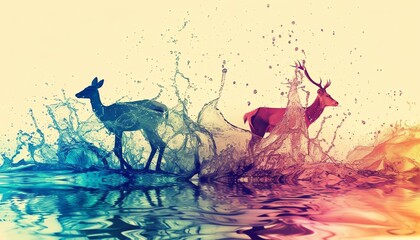 Conceptual water splash, multicolor, animal silhouettes, vibrant contrast