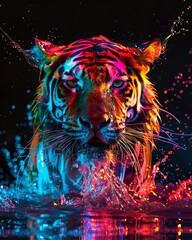 Dynamic multicolor animal splash in water, conceptual art, vibrant, detailed focus