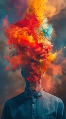 Half head exploding in a burst of colors, conceptual, detailed texture, ambient light - obrazy, fototapety, plakaty