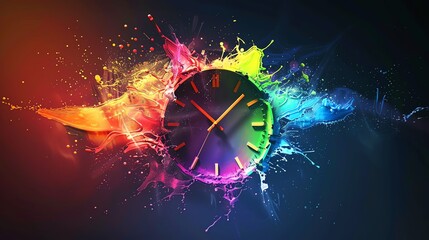 Half clock with multicolor slices splashing out, conceptual time theme, ambient glow - obrazy, fototapety, plakaty