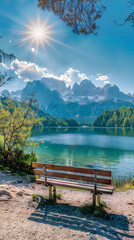 Naklejka na ściany i meble Serene Landscape: Inviting Turquoise Lake Nestled Amidst Snow-Capped Mountains and Lush Greenery