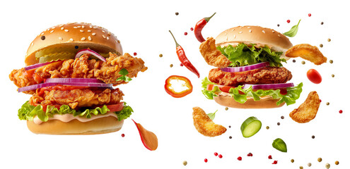 Delicious hamburger with fresh vegetables floating on a transparent background