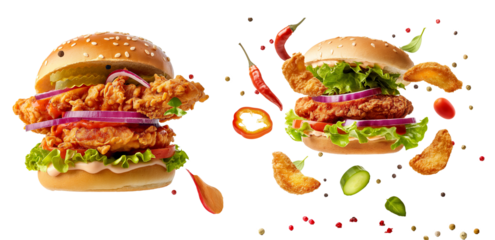 Delicious hamburger with fresh vegetables floating on a transparent background