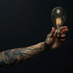A man's arm has a tattoo holding a light bulb. Generative AI
