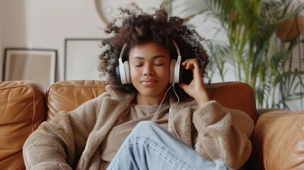 A young woman listens to her favorite music with her eyes closed and a blissful smile on her face. - obrazy, fototapety, plakaty
