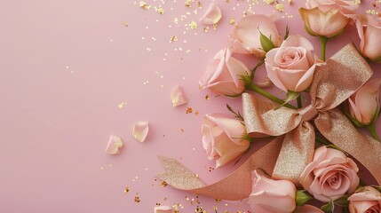 A flat lay of pink roses with a gold bow and glitter on a pink background