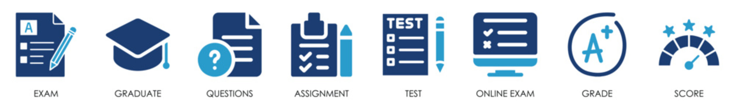 Exam icon set. Containing test, score and so on. Flat examination icons set.
