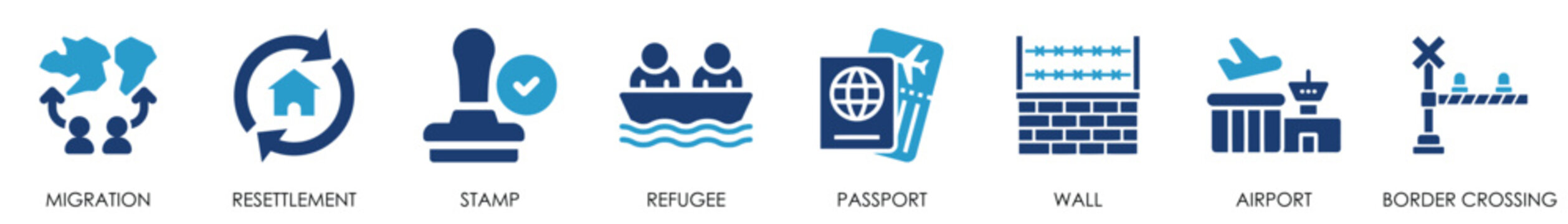 Migration icon set. Containing visa, passport, border and so on. Flat migration icons set.