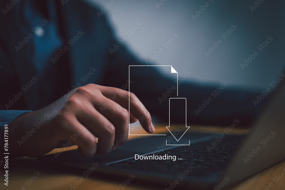 Poster Businessman download computer files or installing software on laptop computer, cloud storage technology, data backup, cyber security, document downloading.
