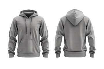 Blank grey hoodie mockup isolated on a transparent background, front and back view