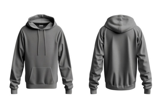 Blank grey hoodie mockup isolated on a transparent background, front and back view