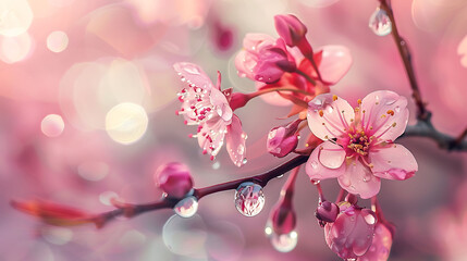 Sakura branches and water drops in a peaceful spring