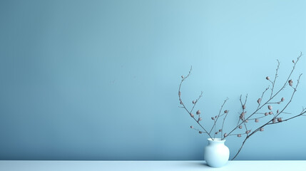 Minimalistic abstract gentle light blue background for product presentation with light and intricate shadow from  branches on wall 
