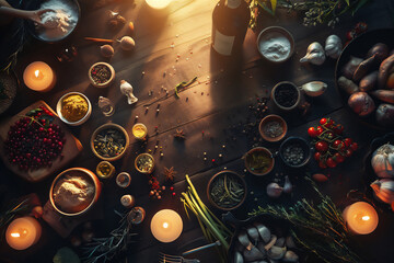 Various cooking ingredients on the table, in the photo from above, dramatic lighting