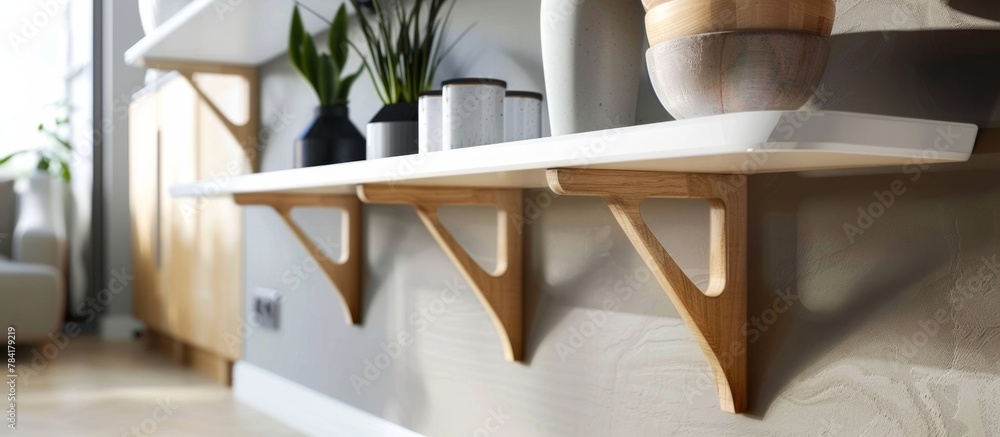 Poster a wooden shelf displaying a pair of elegant vases placed side by side