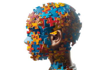 Colorful puzzle pieces in the shape of a human head on a transparent background