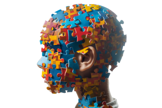 Colorful puzzle pieces in the shape of a human head on a transparent background