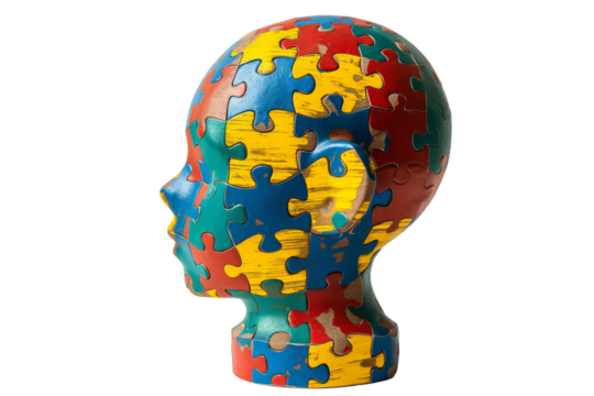 Colorful puzzle pieces in the shape of a human head on a transparent background