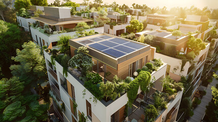 modern urban building with solar panels and roof