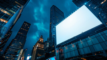 Blank White Billboard in Big City Environment at Night