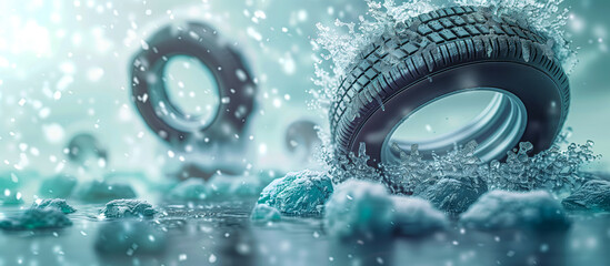 Frozen Motion of Tires Splashing Through Winter Waters - Concept image for quality effectiveness of tires in icy frozen conditions