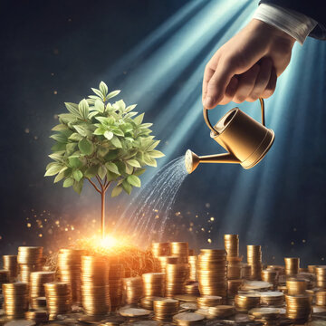 Prosperity Growth: Businessman Nurturing Tree on Coin Foundation
