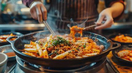Tteokbokki is being served by a restaurant waiter on the table
