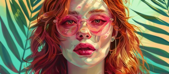 Obraz premium Portrait of a stylish woman wearing eyeglasses and vibrant pink lipstick in an artistic painting