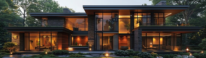 Capture the essence of modern architecture with a high-angle view of a sleek designer house plan, showcasing intricate details and unique features, using digital rendering techniques