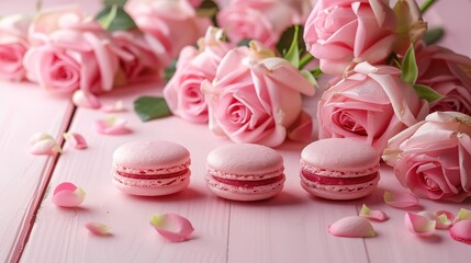 Attractive Happy Mother's Day background of pink roses and macaron cookies on pink wood table