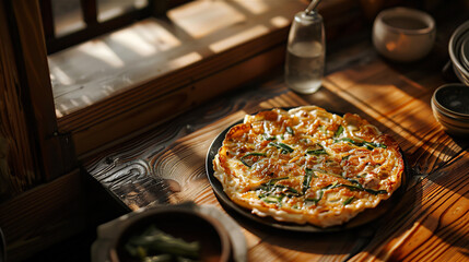 Haemul Pajeon on a wooden dining table, subject on the right, left is empty space, dramatic lighting