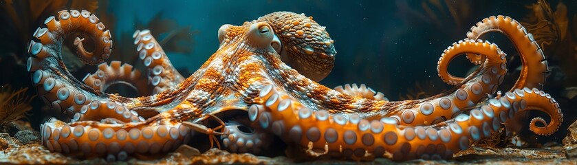 Capture the mystery of the ocean with an octopus hunting in the deep! Imagine a slow-moving creature with tentacles poised to bite, set in a marine scene with a blue background Include a crab caught i - obrazy, fototapety, plakaty
