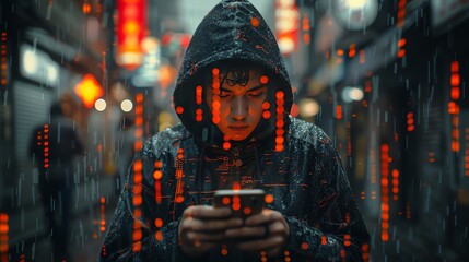 Convey the intensity of a cyber attack scene with a hacker in a black hoodie typing on a phone Show system data being downloaded while passwords are compromised, creating a sense of urgency Digital Re