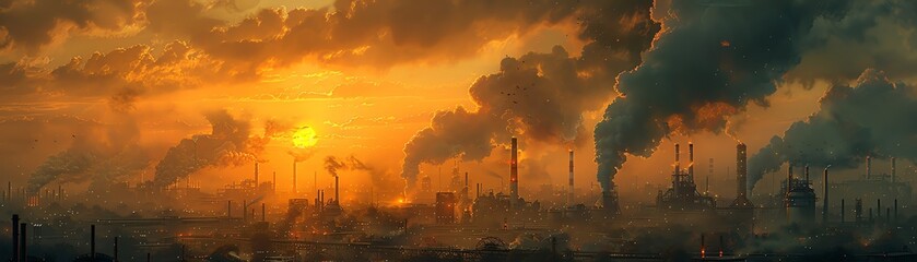 Capture the vast, gritty panorama of an industrial zone bustling with many factories billowing smoke from chimneys, portraying a stark image of pollution The scene should depict the intricate manufact