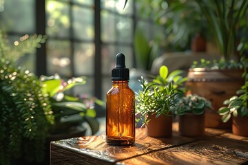 Craft a digital artwork portraying a sleek brown glass dropper bottle filled with a luxurious massage oil, evoking a sense of tranquility and beauty for a holistic wellness brand