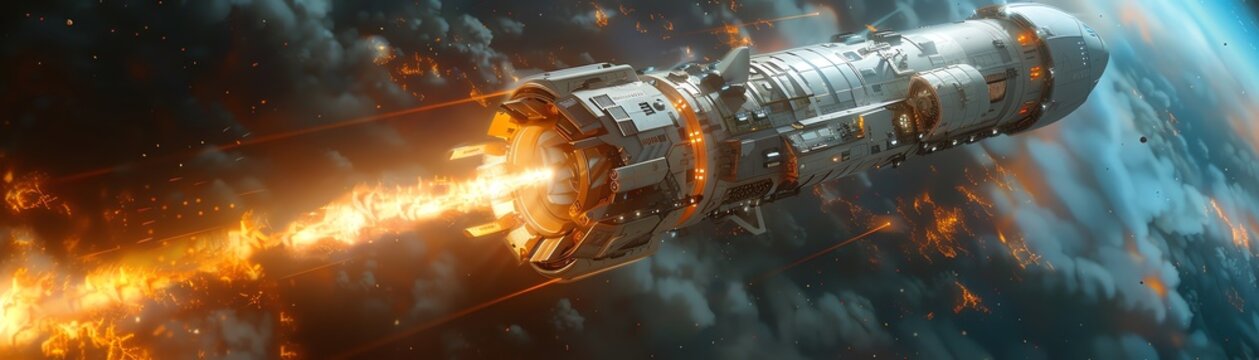 Craft a dynamic digital rendering of a futuristic spaceship launching into space, capturing the intense blastoff moment with intricate details and realistic lighting effects